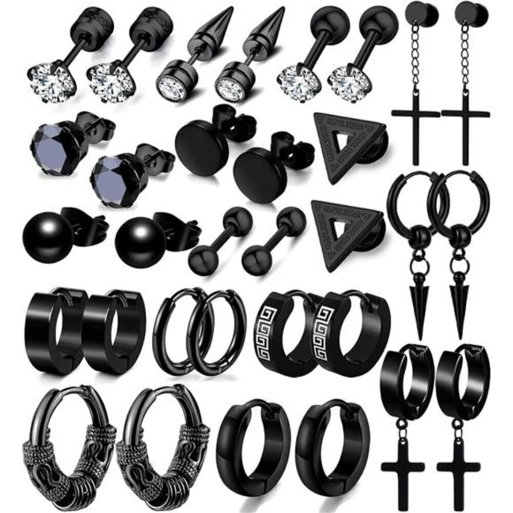 16 Pairs Men Earrings Set - Black Stainless Steel Cross Dangle Hoop & Ear